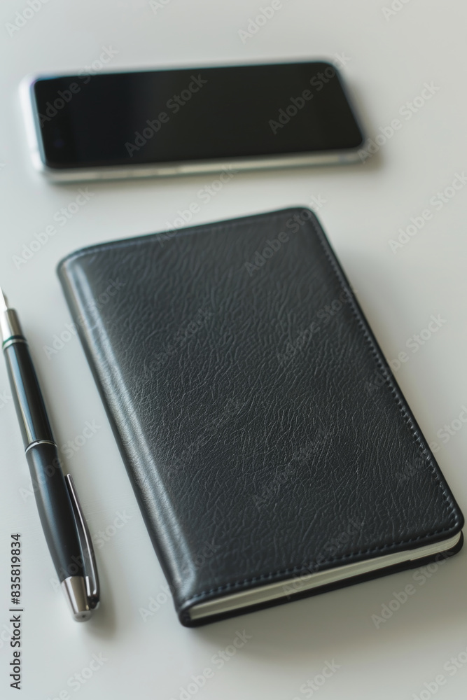 Black leather notebook with smartphone and pen on white surface Black leather notebook with smartphone and pen on white surface