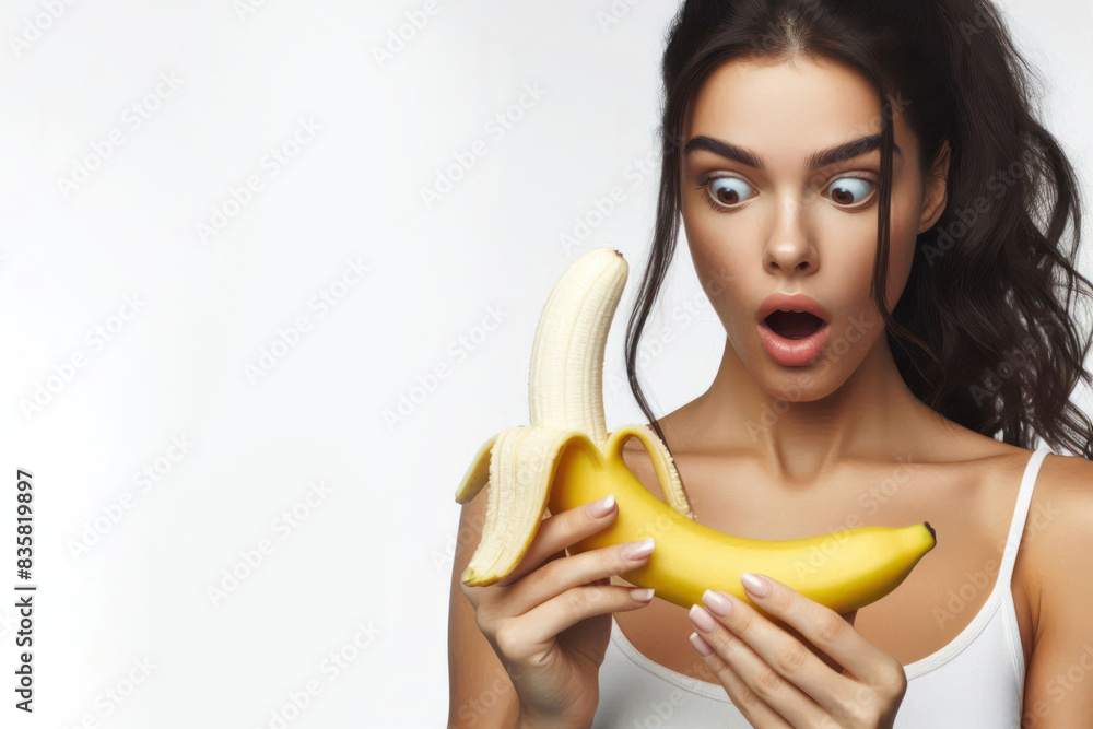 surprised woman look on a banana Sexual issues concept surprised woman look on a banana Sexual issues concept