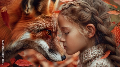 a little girl and a fox in the fall
