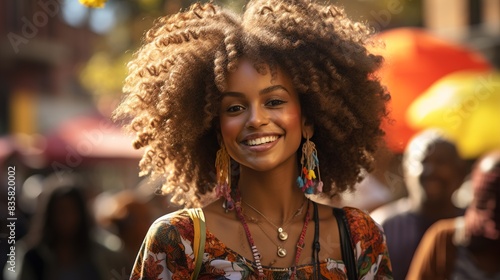 A woman with a natural Afro hairstyle, proudly walking through a cultural festival celebrating 