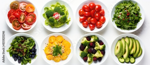 An arrangement of various salads shown against a clean white backdrop  ensuring ample space for additional images.