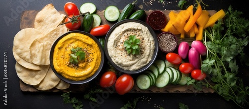 Vibrant vegetarian appetizers spread on a table with different dips and pita bread, arranged in a top view flat lay on a black background with ample copy space image, promoting a healthy lifestyle.