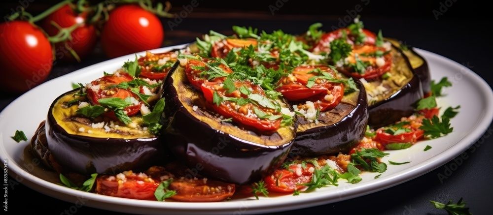 Eggplant baked with tomatoes, garlic, and paprika, with a background suitable for adding text or graphic elements - a copy space image.