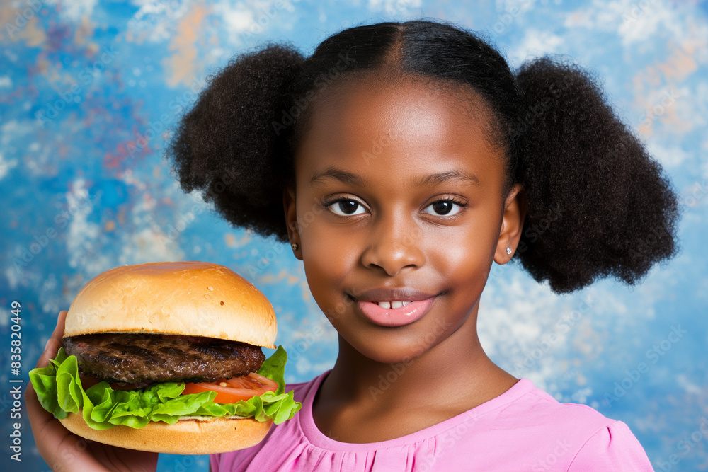 A young black girl holding a fast food burger representing A young black girl holding a fast food burger representing