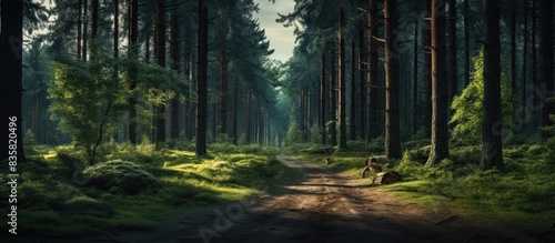 Summer forest with a variety of trees  perfect for outdoor exploration and relaxation  with copy space image available.