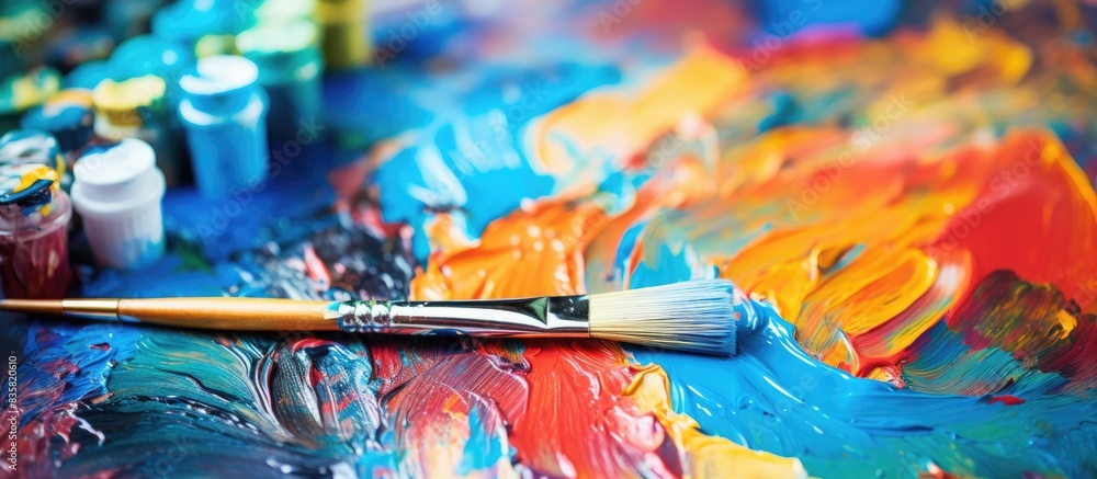 Female artist gracefully paints an abstract, colorful picture using acrylics in an artistic school studio. Close-up of hand holding a paintbrush, creating a masterpiece against a copy space image. Female artist gracefully paints an abstract, colorful picture using acrylics in an artistic school studio. Close-up of hand holding a paintbrush, creating a masterpiece against a copy space image.