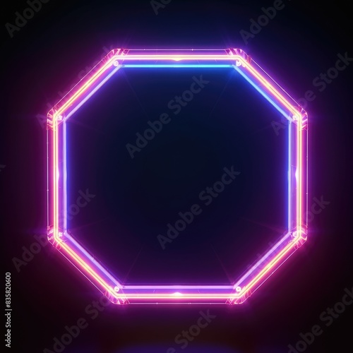 Neon hexagonal light frame on a dark brick wall with blue reflective floor. Futuristic fantasy portal with neon light with geometric shape. Futuristic design for backgrounds and neon concepts. AIG35.