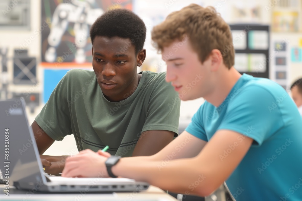 Two students engaged in a collaborative study session, focusing on their laptop. This teamwork demonstrates modern education with technology, discussing, researching, and learning together Two students engaged in a collaborative study session, focusing on their laptop. This teamwork demonstrates modern education with technology, discussing, researching, and learning together