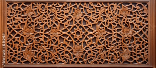 Islamic art and craft featuring an intricate wood carving design with copy space image.