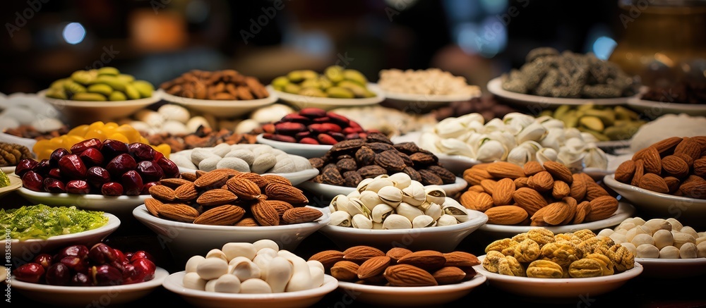 A Turkish sweet treat made with nuts and no sugar, ideal for a healthy snack option, beautifully presented in a flat lay copy space image. A Turkish sweet treat made with nuts and no sugar, ideal for a healthy snack option, beautifully presented in a flat lay copy space image.