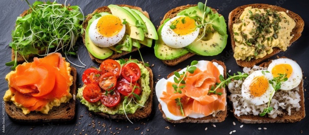 Avocado sandwiches with salmon, eggs, basil, and micro greens served on a white plate with a cup of coffee; perfect for a copy space image. Avocado sandwiches with salmon, eggs, basil, and micro greens served on a white plate with a cup of coffee; perfect for a copy space image.