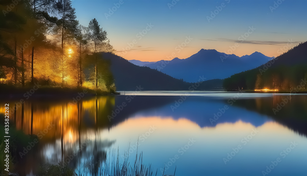 At sunset, in the nature and calm lake view, the yellow light reflected on the lake and the view of the mountains