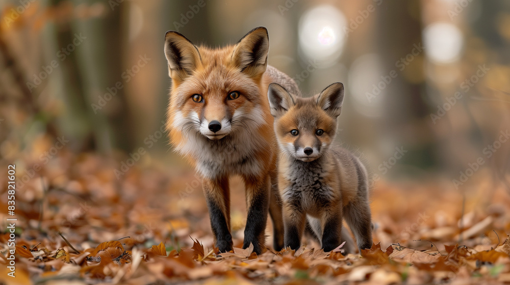 Red Fox and Cub Amidst Fall Foliage Red Fox and Cub Amidst Fall Foliage