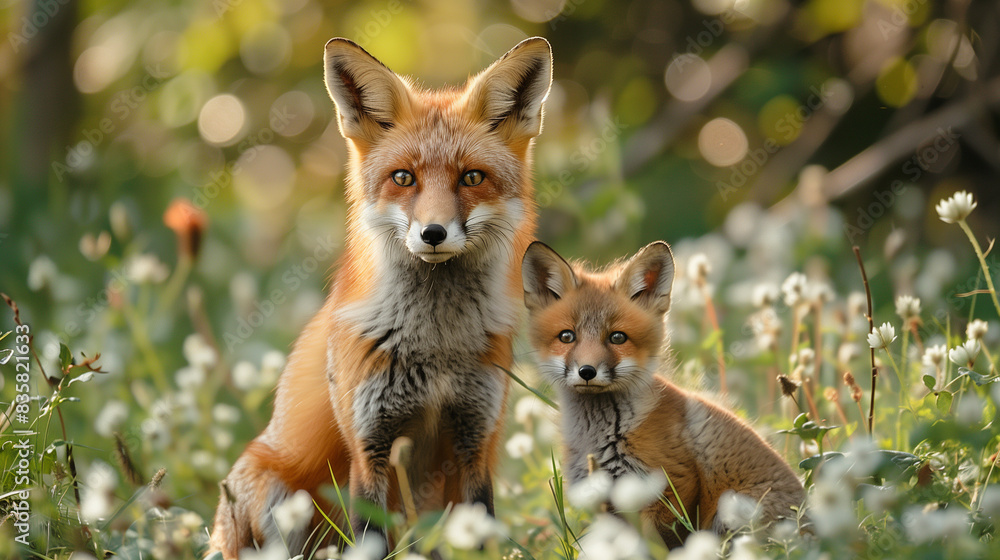 Fototapeta premium Red Fox and Cub Basking in Sunlight