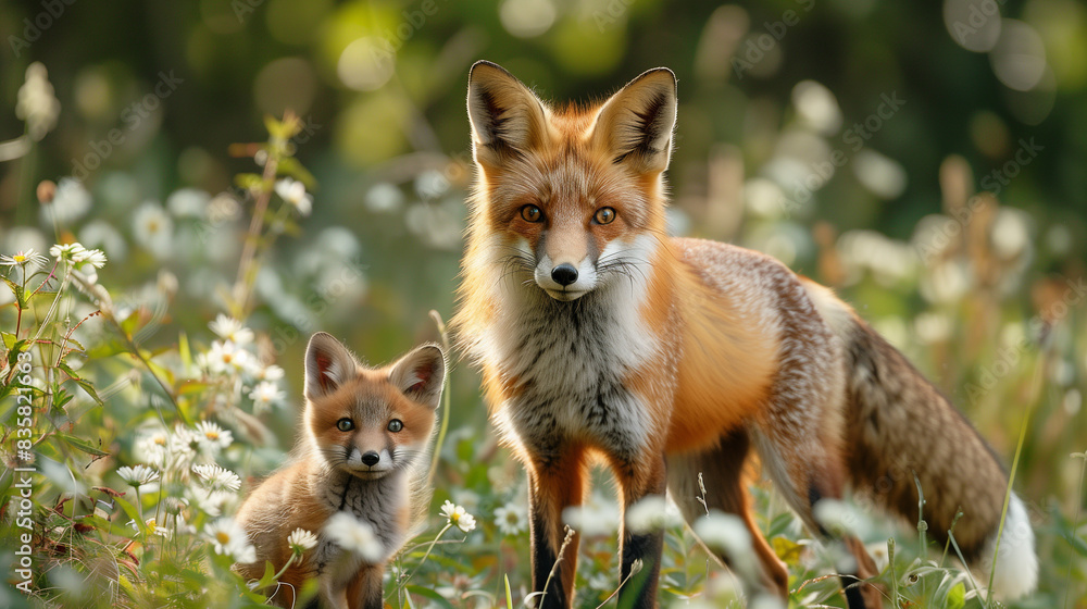 Fototapeta premium Red Fox and Cub Basking in Sunlight