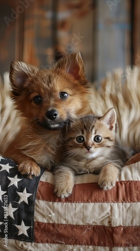 Adorable puppy and kitten snuggled on American flag-themed blanket, exuding warmth and friendliness. Perfect contrast of textures and expressions.