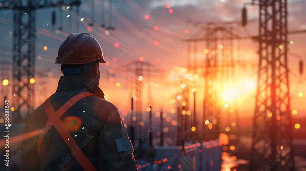 Engineer in Safety Gear Observing Electrical Power Lines at Sunset with Bokeh Lights in the Background, Symbolizing Energy, Technology, and Infrastructure Development