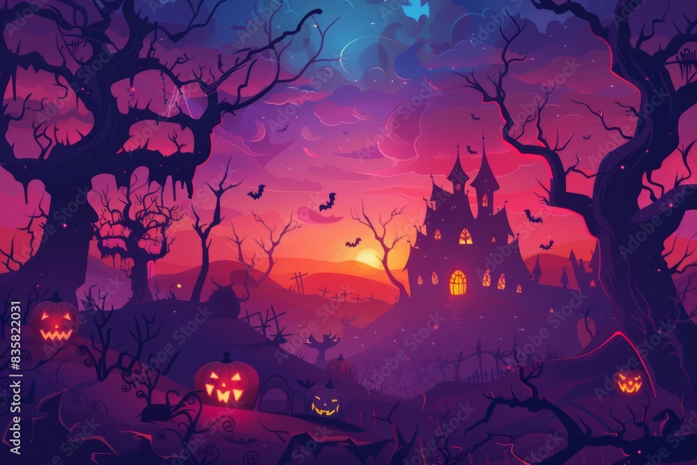 Halloween night background with spooky pumpkins, haunted house and scary trees. Halloween night background with spooky pumpkins, haunted house and scary trees.