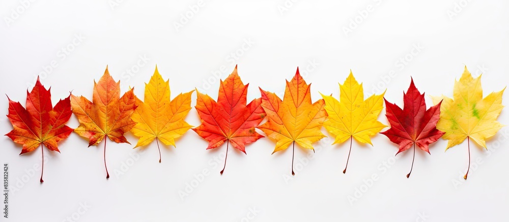 Fototapeta premium Maple leaves arranged on a white background with copy space image.