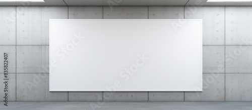 A young woman viewing a blank canvas in a contemporary art gallery, with empty space for text or design around it. Copy space image. Place for adding text and design