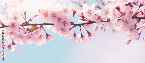 Beautiful pink sakura tree in full bloom against a white backdrop with copy space image.
