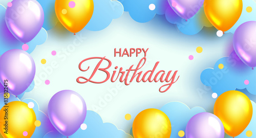 A vector illustration featuring a birthday celebration background design with paper cut clouds, balloons in various colors. Vector Illustraton.