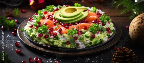 Festive Christmas dinner featuring an appetizing avocado salmon salad with a Christmas tree design on a plate with copy space image. © Ilgun