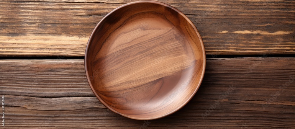 Plate made of wood, shown at a 45-degree angle on a white background with copy space image. Plate made of wood, shown at a 45-degree angle on a white background with copy space image.