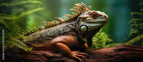 The green iguana is a reptile recognized for its gentle nature and straightforward care requirements  suitable for beginners in reptile ownership  with an excellent demeanor. Copy space image