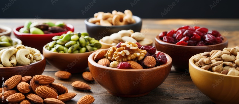 A top-down view of a wooden table featuring bowls filled with dried fruits, nuts, and kernels, offering a variety of healthy snack options with a copy space image. A top-down view of a wooden table featuring bowls filled with dried fruits, nuts, and kernels, offering a variety of healthy snack options with a copy space image.