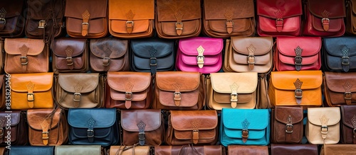 Close-up image of a variety of leather bags and purses with a blurred background at a bustling Turkish market  providing ample copy space in the shot.