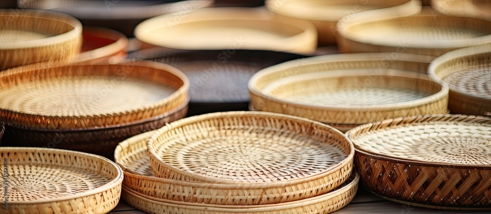 Isolated on a white background, a bamboo basket sits with copy space image. Isolated on a white background, a bamboo basket sits with copy space image.