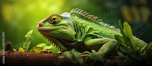 Closeup photo of a vibrant chameleon in a terrarium  showcasing its color-changing skin illustrating the concept of color adaptation and mimicry within the zoo enclosure with copy space image.