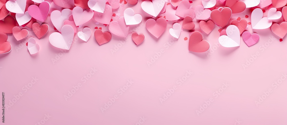 Top-down view of delicate pink paper hearts flowing on a soft pink background, ideal as a Valentine's Day background with copy space image for various designs like cards or posters. Top-down view of delicate pink paper hearts flowing on a soft pink background, ideal as a Valentine's Day background with copy space image for various designs like cards or posters.