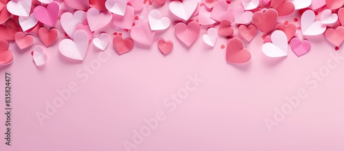 Top-down view of delicate pink paper hearts flowing on a soft pink background, ideal as a Valentine's Day background with copy space image for various designs like cards or posters.