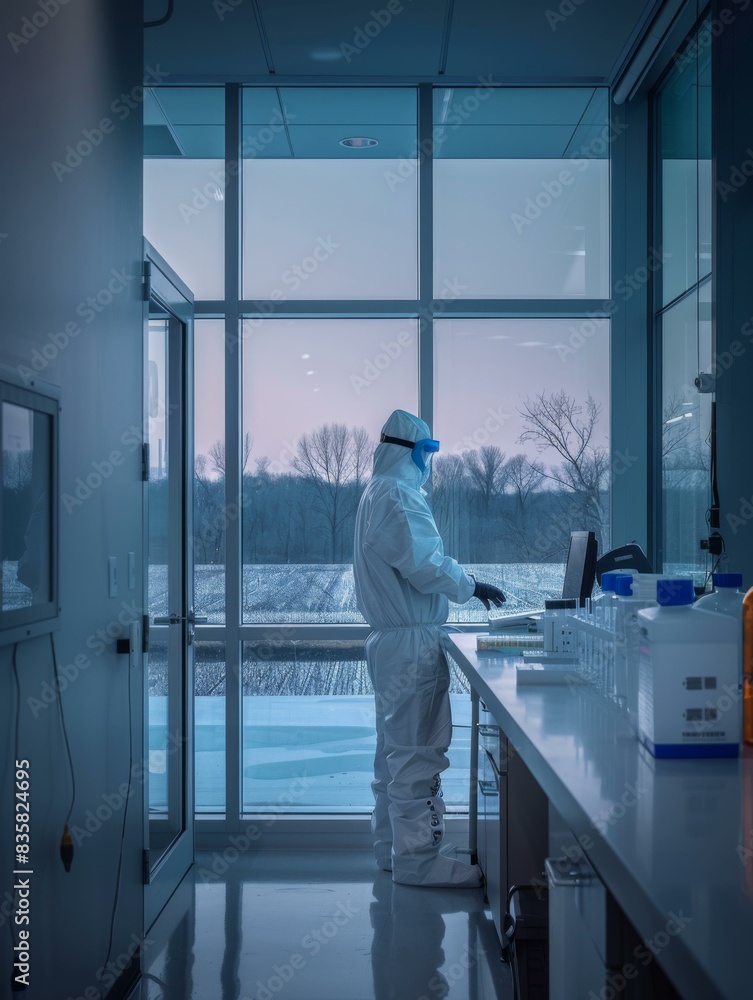 A researcher wearing a protective suit works in a laboratory. AI. A researcher wearing a protective suit works in a laboratory. AI.
