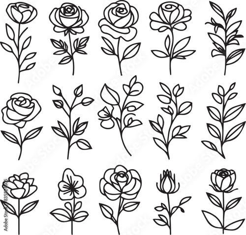 One-line drawing of a decorative, fresh blossoming rose silhouette with leaves, isolated on a white background. Hand-drawn sketch, vector stock illustration