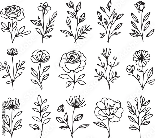 One-line drawing of a decorative, fresh blossoming rose silhouette with leaves, isolated on a white background. Hand-drawn sketch, vector stock illustration