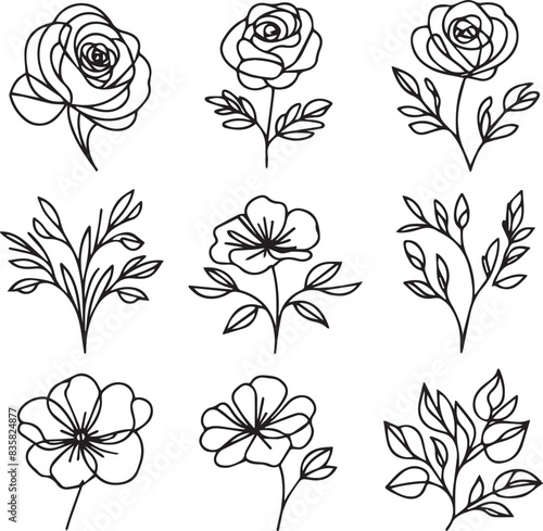 One-line drawing of a decorative, fresh blossoming rose silhouette with leaves, isolated on a white background. Hand-drawn sketch, vector stock illustration