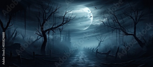 Full moon rises over the enchanting spruce trees in a mysterious forest setting, perfect for a Halloween-themed backdrop with copy space image.