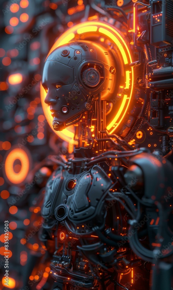 Fototapeta premium A glowing robot stands in a dark room. AI.