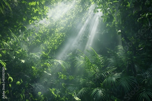 A realistic 3D rendering of a dense rainforest with layers of foliage and rays of sunlight piercing through the mist  creating a dynamic sense of depth.