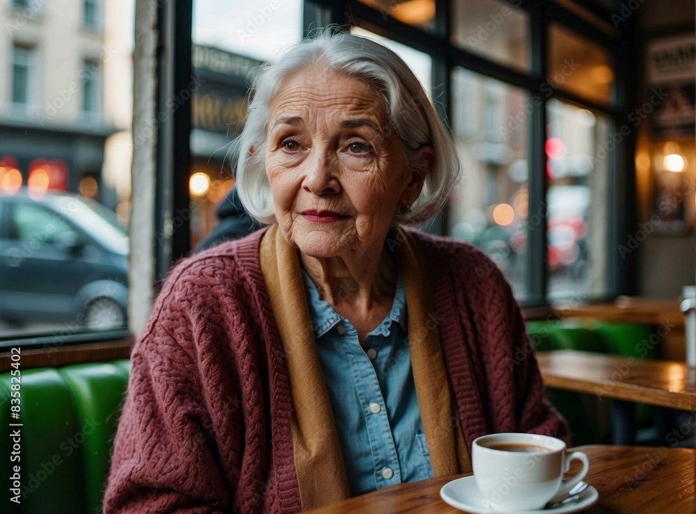 Portrait of a senior woman sitting in a cafe, looking out the window, with a cup of coffee on the table. AI. Portrait of a senior woman sitting in a cafe, looking out the window, with a cup of coffee on the table. AI.