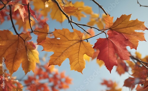 Autumn background with maple leaves and branches on a tree against a blue sky.