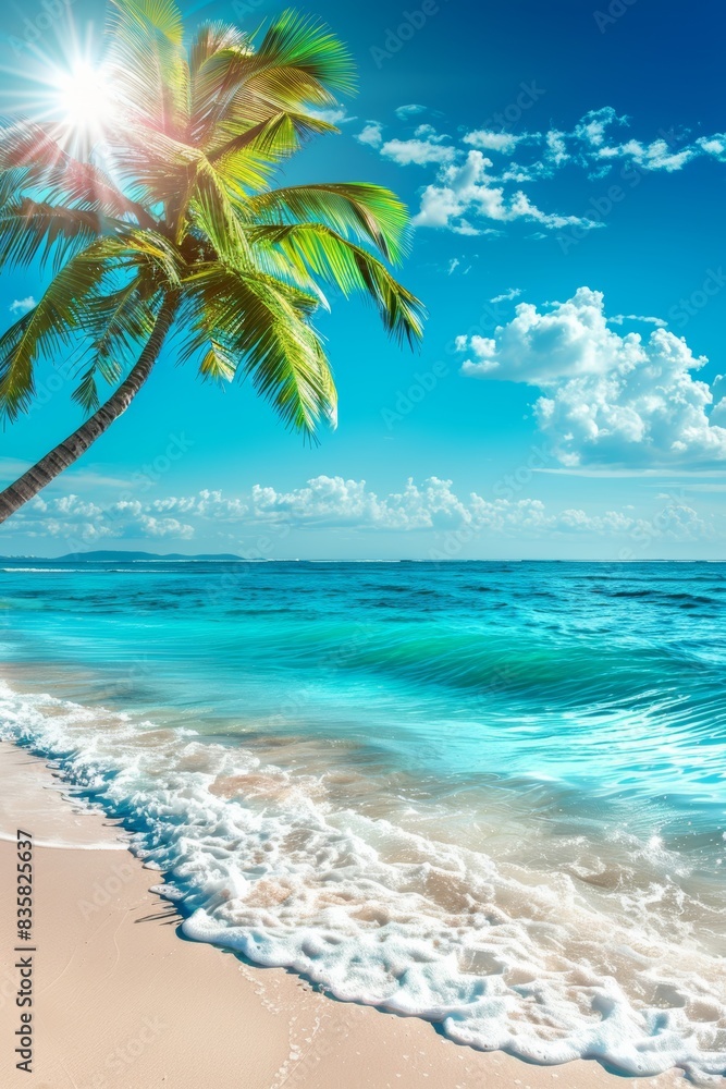 Tropical Beach with Azure Waves and Palm Trees Under Bright Sun