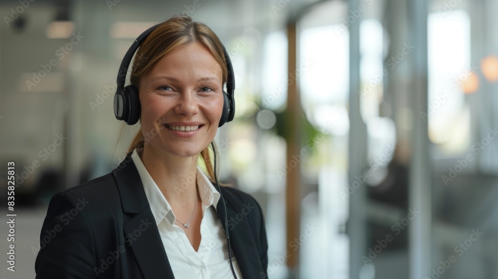 The smiling employee in headset The smiling employee in headset