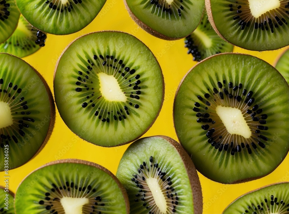 Fototapeta premium Sliced kiwis on a yellow background AI.