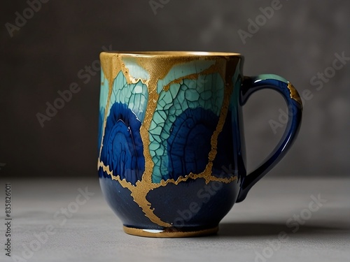A one-of-a-kind kintsugi mug resembling the ocean's waves crashing against the shore.


