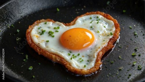 A heart-shaped fried egg in a frying pan. AI.
