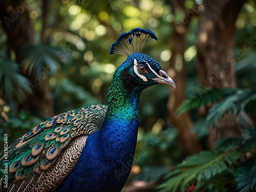A majestic peacock with iridescent feathers strutting through a lush tropical paradise.

